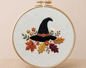 Witch Hat Floral Embroidery PDF Pattern Digital Download Beginner Friendly Halloween Hoop Art Cottagecore Autumn Wall Art Printable Template