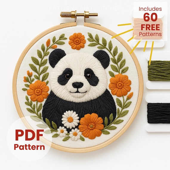 パンダの刺繍パターン：花柄動物のクロスステッチ、クラフト作家への