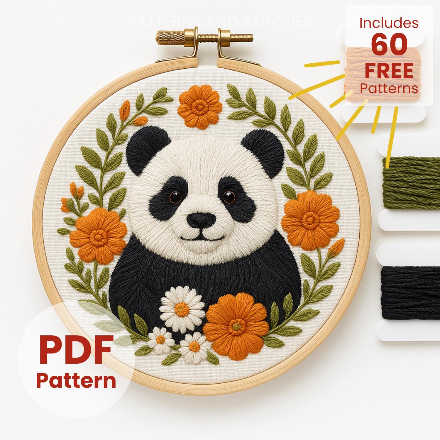 パンダの刺繍パターン：花柄動物のクロスステッチ、クラフト作家への