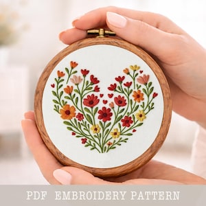 Blommigt hjärtbroderimönster, modern botanisk design, omedelbar nedladdning (PDF-mönster)