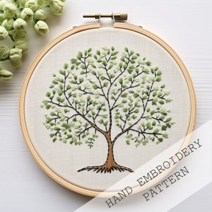 May include: Embroidered tree design in green and brown on white fabric in a wooden embroidery hoop. The hoop is 8 inches in diameter. The text "HAND EMBROIDERY PATTERN" is printed on the bottom right corner of the image.