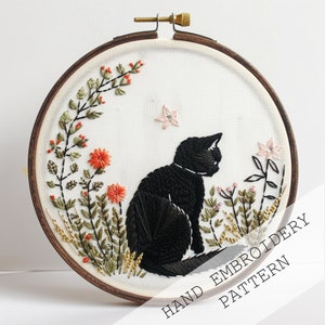 春の猫の刺繍パターン、かわいい猫の刺繍、猫好きへのギフト、春の装飾、黒猫の刺繍、春の庭、猫好きへのギフト