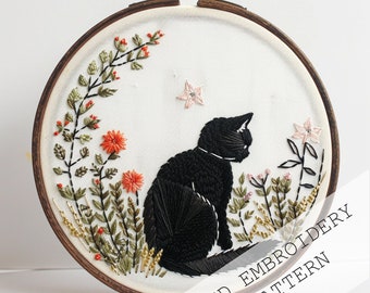 Patrón de bordado de gato de primavera, bordado de gato lindo, regalo de amante de los gatos, decoración de primavera, bordado de gato negro, jardín de primavera, regalo para los amantes de los gatos