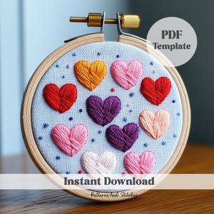 Colorful hearts Hand Embroidery, PDF Pattern Template, Stitching File, Instant Download, Hoop Art Design, DIY Embroidery, Hearts Embroidery