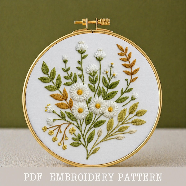 Patrón de bordado de flores silvestres doradas: Arte floral en bastidor, descarga instantánea (PDF)