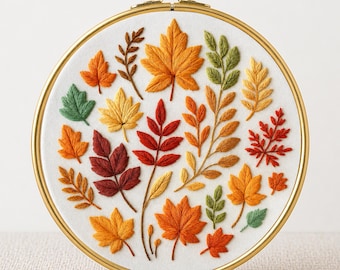 Fall Leaves Embroidery Pattern: 6 Sizes, Beginner Guide (PDF Download)