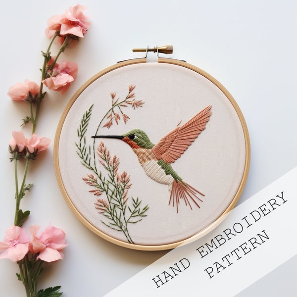 Hand Embroidery Pattern, Hummingbird, pdf pattern, beginner thread painting, diy embroidery art, bird embroidery, ruby throated Hummingbird