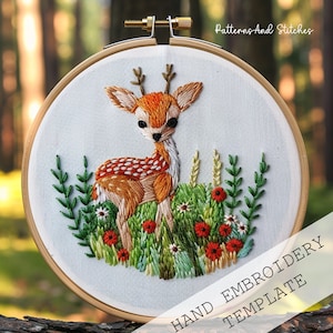 Baby Reindeer Hand Embroidery, Instant Download, Fawn Embroidery, Woodland Animal Embroidery, Cute Kids Embroidery, Deer Embroidery Design