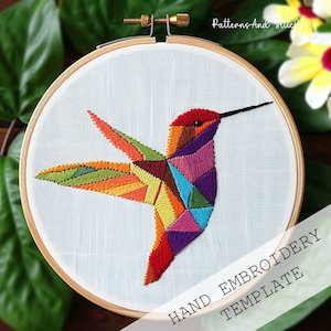 幾何学的な鳥の刺繍パターン、刺繍枠アート、ハチドリの刺繍、刺繍キルト、幾何学的なチャート、ハチドリのテンプレート