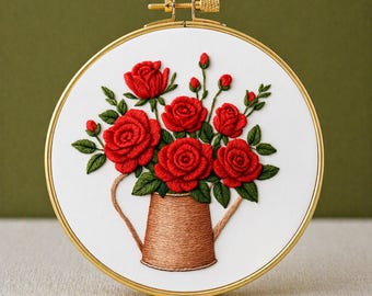Patrón de bordado de rosas a mano en PDF, patrón de bordado de rosas rojas, rosas, flor de nacimiento de junio, bordado de ramo, bordado a mano, manualidad para principiantes