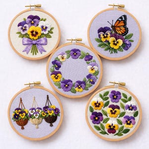 Stiefmütterchen Stickmuster-Set, Florale Handvorlagen (PDF-Muster)