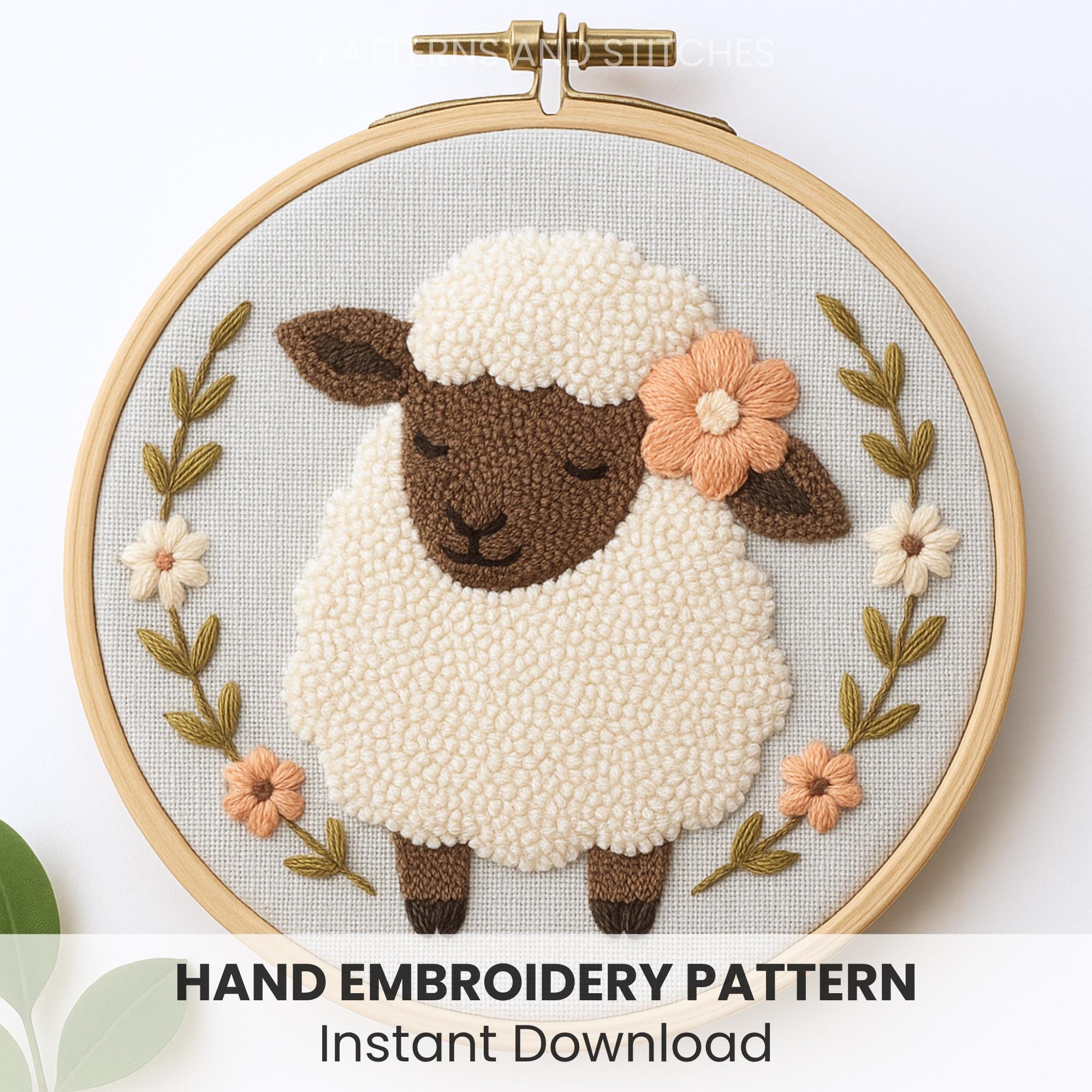 羊の刺繍パターン：花柄動物デザイン、子供部屋の装飾（デジタル