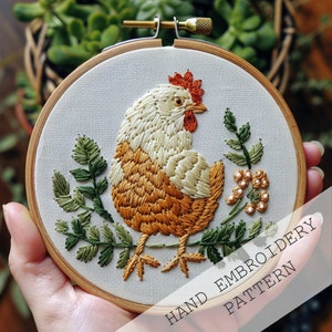 Chicken Embroidery, Modern Embroidery, PDF pattern, DIY embroidery, Gardener Embroidery, Floral Chicken, Beginner friendly, Farm Embroidery