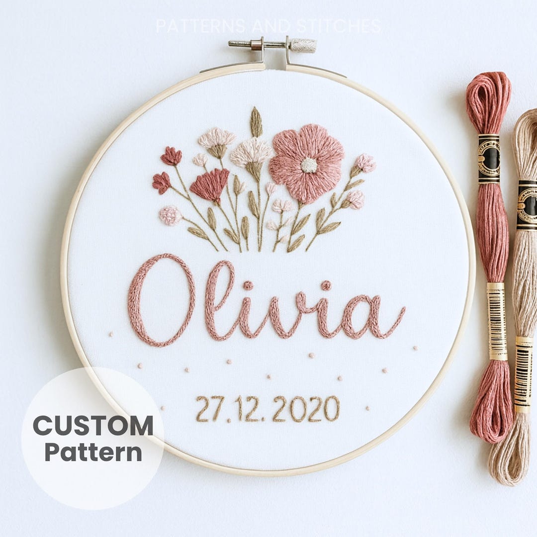 Wildflower Name Embroidery Pattern Custom Floral Birth Date Keepsake ...