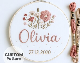 Wildflower Name Embroidery Pattern Custom Floral Birth Date Keepsake PDF Digital File
