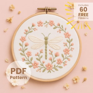 Botanical dragonfly, PDF pattern, DIY hand embroidery, wreath flowers, spring hoop art, minimalist insect stitch design, calm feminine decor