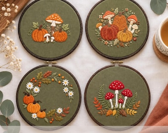 Autumn Embroidery Patterns PDF Digital Download Pumpkin Mushroom Hand Embroidery Designs Beginner Friendly Fall Hoop Art Printable templates