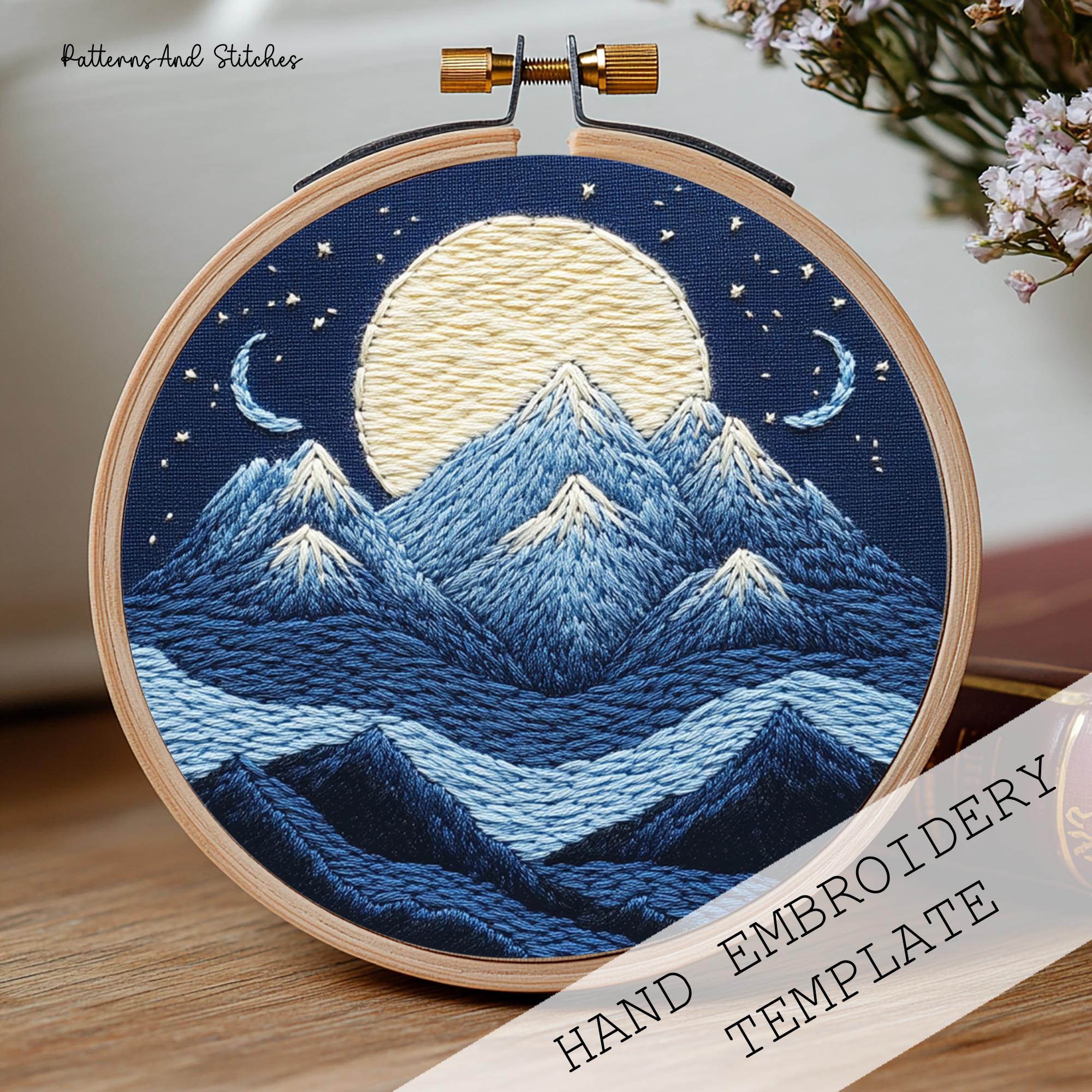 山の風景の手刺繍パターン：簡単なフープアート（PDFパターン） - Etsy