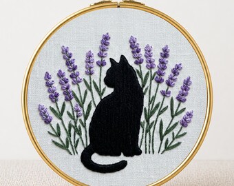 Black Cat Embroidery Pattern PDF Digital Download Lavender Hoop Art Beginner Friendly Needlework Satin Stitch Wall Art Cat Lover Gift