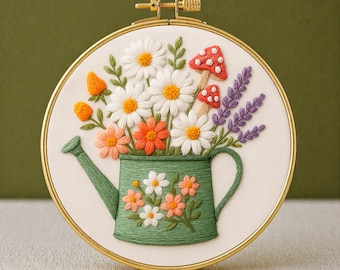 Patrón de bordado de regadera floral en PDF, descarga instantánea, apto para principiantes, arte botánico para jardín, imprimible, decoración de bordado de primavera