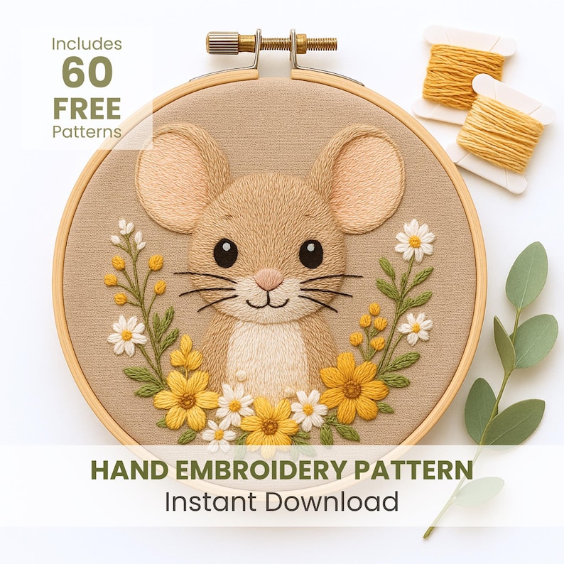 Mouse Embroidery Pattern: Floral Beginner Hoop Art (PDF Instant ...