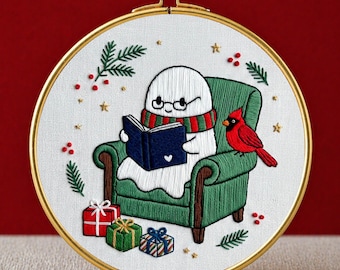 Christmas Ghost Embroidery Pattern PDF Digital Download Kawaii Reading Book Hoop Art Beginner Friendly DIY Holiday Ornament Hand Stitch