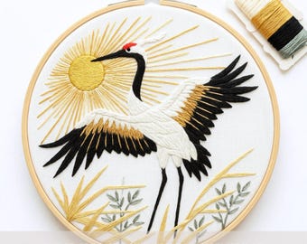 Japanese Crane Embroidery Pattern Hand Embroidery PDF Digital Download Sun Bird Hoop Art Zen Oriental Longevity Gift