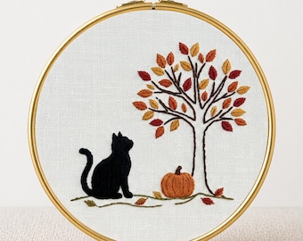 Halloween Black Cat Embroidery Pattern PDF Autumn Tree Pumpkin Hoop Art Fall Needlework Beginner Friendly Spooky Decor Seasonal Wall Art