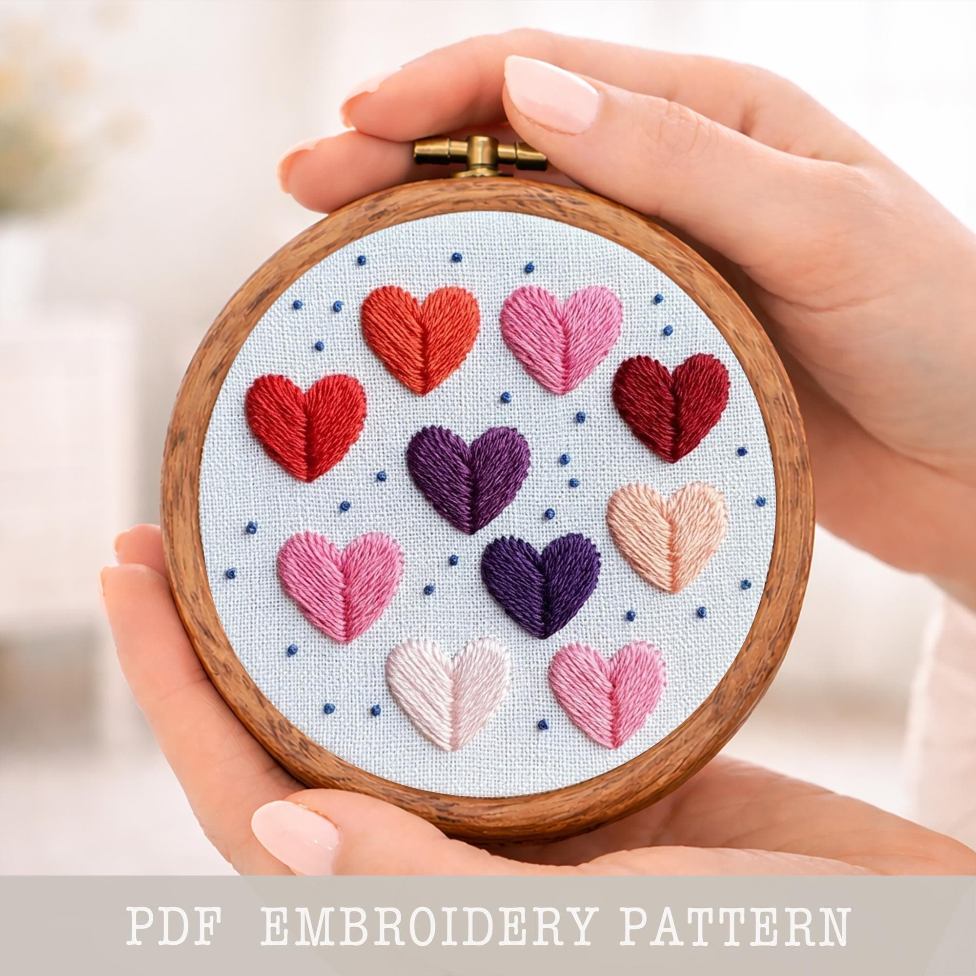 カラフルなハートの手刺繍パターン：DIYフープアート（PDFダウンロード