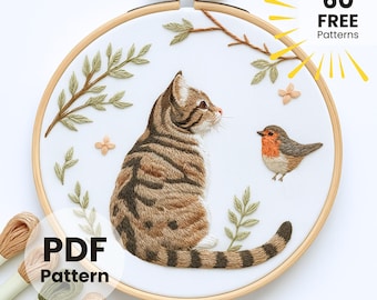 Cat and bird Embroidery, Cute Cat Embroidery, Cat Lover Gift,  Modern Cat Embroidery, spring garden, spring decor, DIY cat silhouette design
