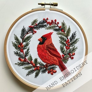 Winter Cardinal Hand Stickerei Muster, Winter Vogel Design, Instant Download PDF, DIY Urlaub Handwerk Projekt, anfängerfreundliche Stickerei