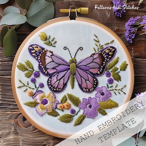 Esthetisch vlinderborduurpatroon, sierborduurwerk, grillig borduurpatroon, insectenborduurontwerp, fantasieborduurkunst