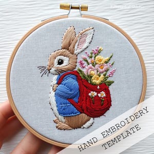 Schema di ricamo coniglietto carino, ricamo a mano coniglietto pasquale PDF, coniglio moderno, disegno di ricamo Peter Rabbit, ricamo floreale pasquale