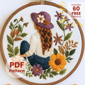 Floral Lady Embroidery Pattern: Boho Flower Design, printable template (PDF Digital Download)