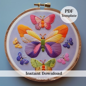 Pastel vlinders handborduurwerk, esthetische vlinder, borduurpatroon, grillig borduurwerk, insectenborduurwerk, fantasieborduurwerk, borduurpatroon