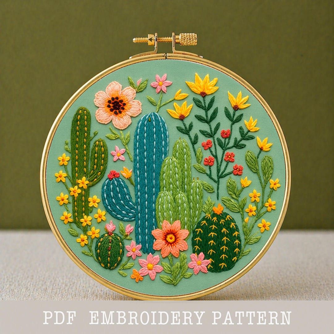 Cactus Garden Embroidery Pattern: Beginner Wildflower Design