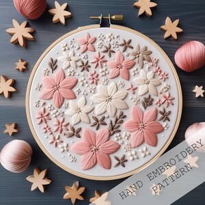 Peut inclure: Un gros plan d'un cerceau d'art brodé à la main avec un motif floral. La broderie présente des fleurs roses, blanches et brunes sur un tissu de couleur crème. Le cerceau est en bois et a une finition naturelle. Le texte "HAND EMBROIDERY PATTERN" est imprimé dans le coin inférieur droit de l'image.