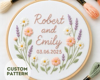 Personalized Floral Embroidery Pattern: Couple Name & Date (PDF Digital Download