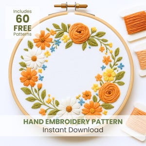 Patrón de bordado a mano de corona floral: Plantilla para principiantes (Descarga PDF, 6 tamaños)