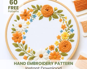 Plantilla de bordado a mano de corona floral, patrón de bordado, diseño de bordado para bodas, plantilla de bordado para principiantes, arte de bordado creativo