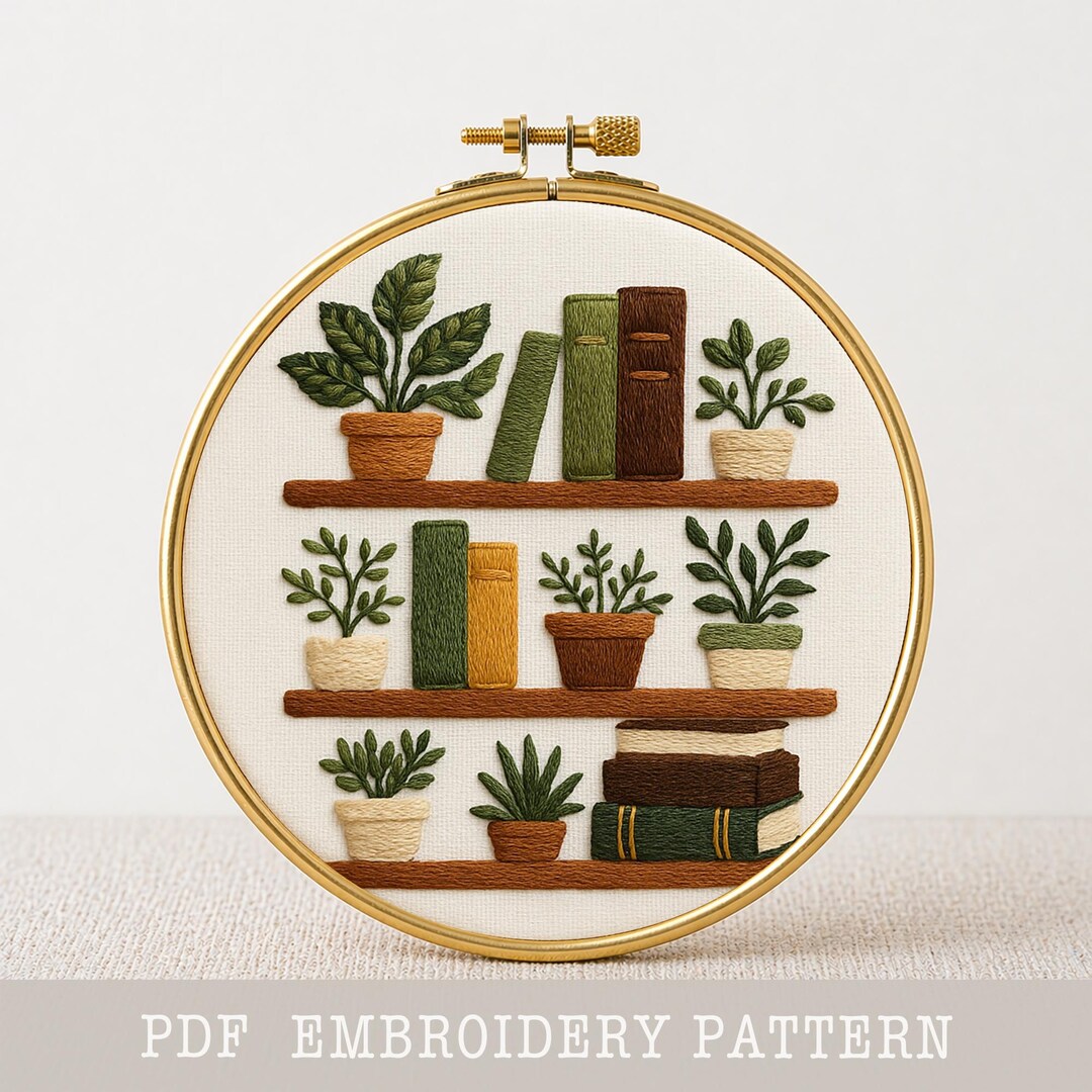 Plants Bookshelf Hand Embroidery Pattern: Book Lover Gift (PDF Pattern ...