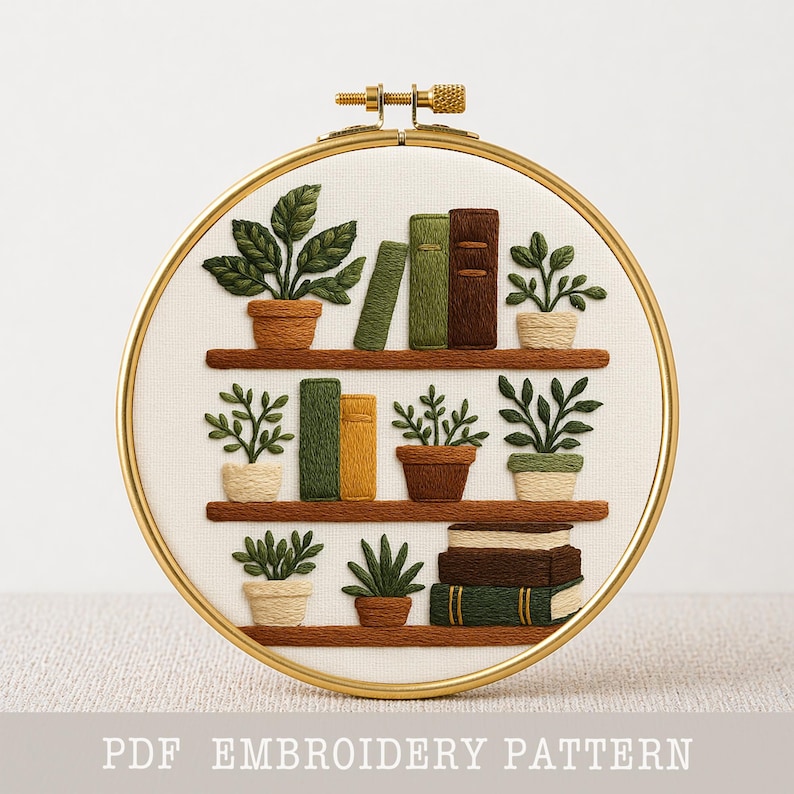 Plants Bookshelf Hand Embroidery Pattern: Book Lover Gift (PDF Pattern ...