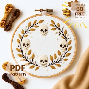 Skulls Frame Hand Embroidery Pattern, Autumn Embroidery Pattern, Halloween decor, Witchy sewing Design, Hand Embroidery, DIY Embroidery PDF