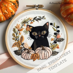 ハロウィン猫刺繍テンプレート、かわいい猫刺繍、猫好きのギフト、秋の装飾、ハロウィンの装飾、黒猫刺繍、DIY秋の装飾