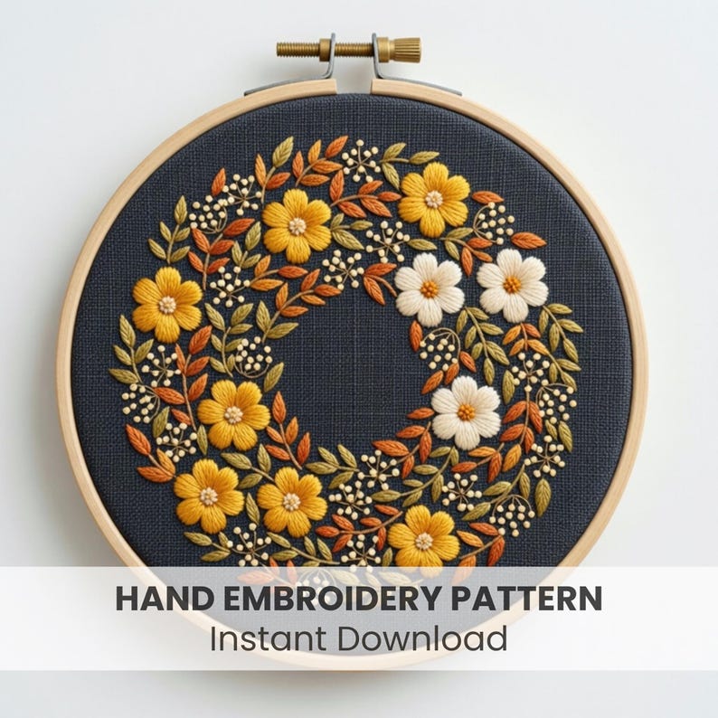 Wildflower Wreath Embroidery Pattern PDF Gold Digital Download Beginner ...