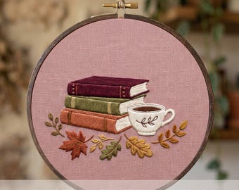 Books And Coffee Hand Embroidery Pattern Autumn  PDF Download Cozy Reading Design Beginner Friendly Hoop Art Printable Fall Wall Decor