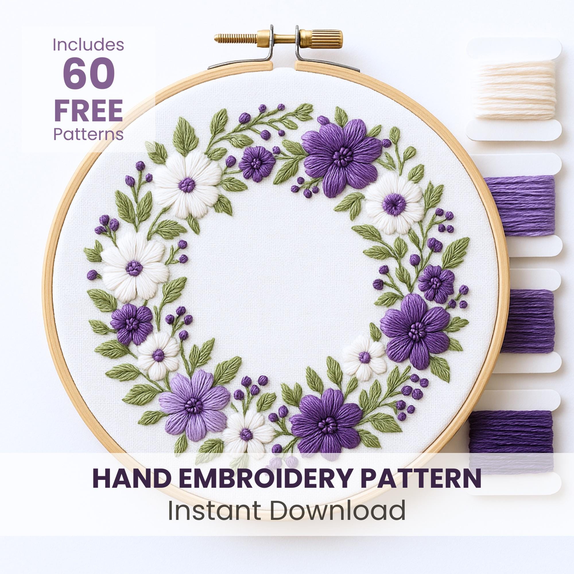 ライラックリース刺繍パターン:花柄、デジタルファイル(PDFデジタル ライラックリース刺繍パターン:花柄、デジタルファイル(PDFデジタル