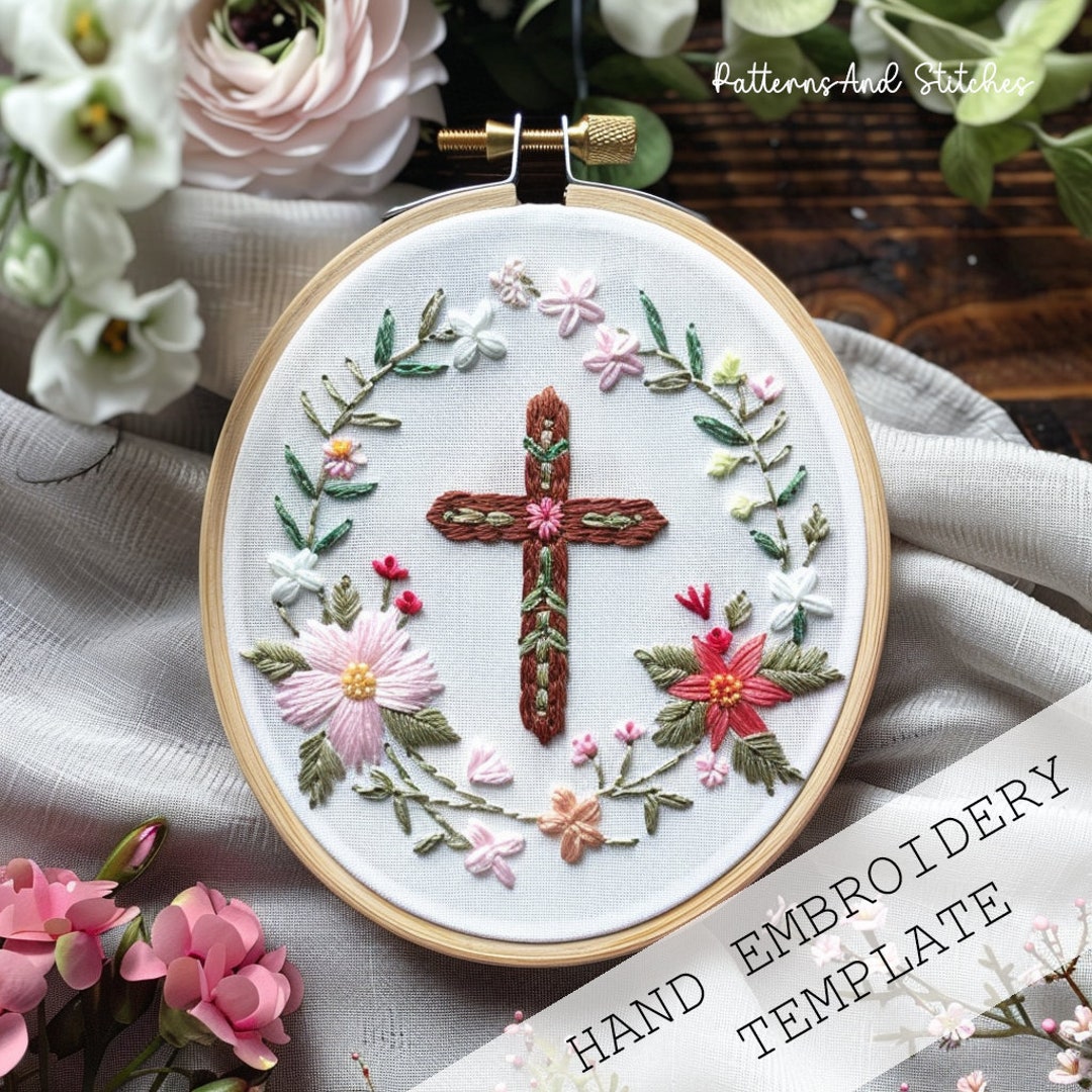 Floral Cross Hand Embroidery Pattern: Christian Easter Decor, Handmade ...