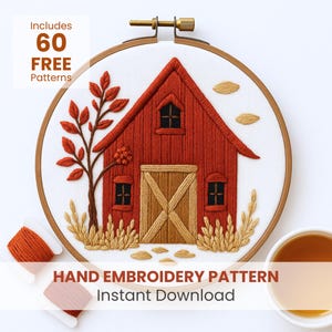 Red Barn Floral Embroidery Pattern: Farmhouse Cottagecore , Needlecraft(PDF Template)