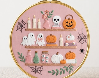 Halloween Embroidery Pattern: Spooky Bookshelf Scene, Instant Download (PDF file, 6 Sizes)